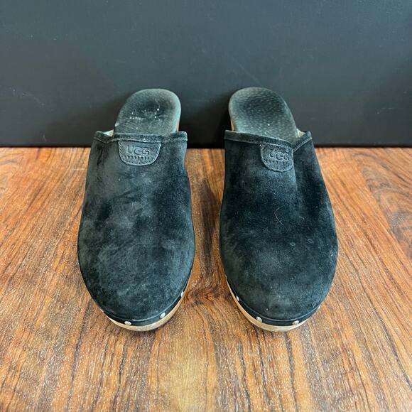 UGG Australia Black Suede Leather Studded Wood Heel Platform Clogs Mules - Picture 15 of 16